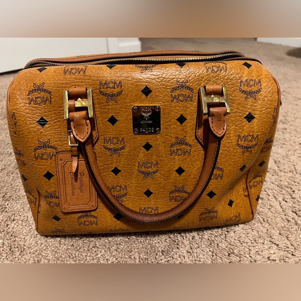 MCM Cognac Visetos Coated Canvas Heritage Boston Bag.